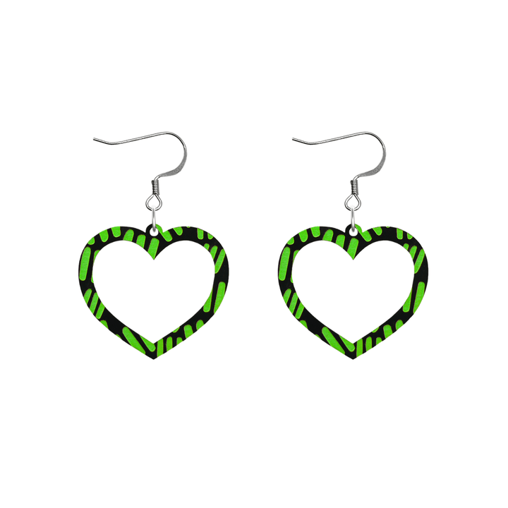 haus of dizzy black heart shaped dangle earrings with hand painted apple green aboriginal line artwork size small with hooks no heart tops