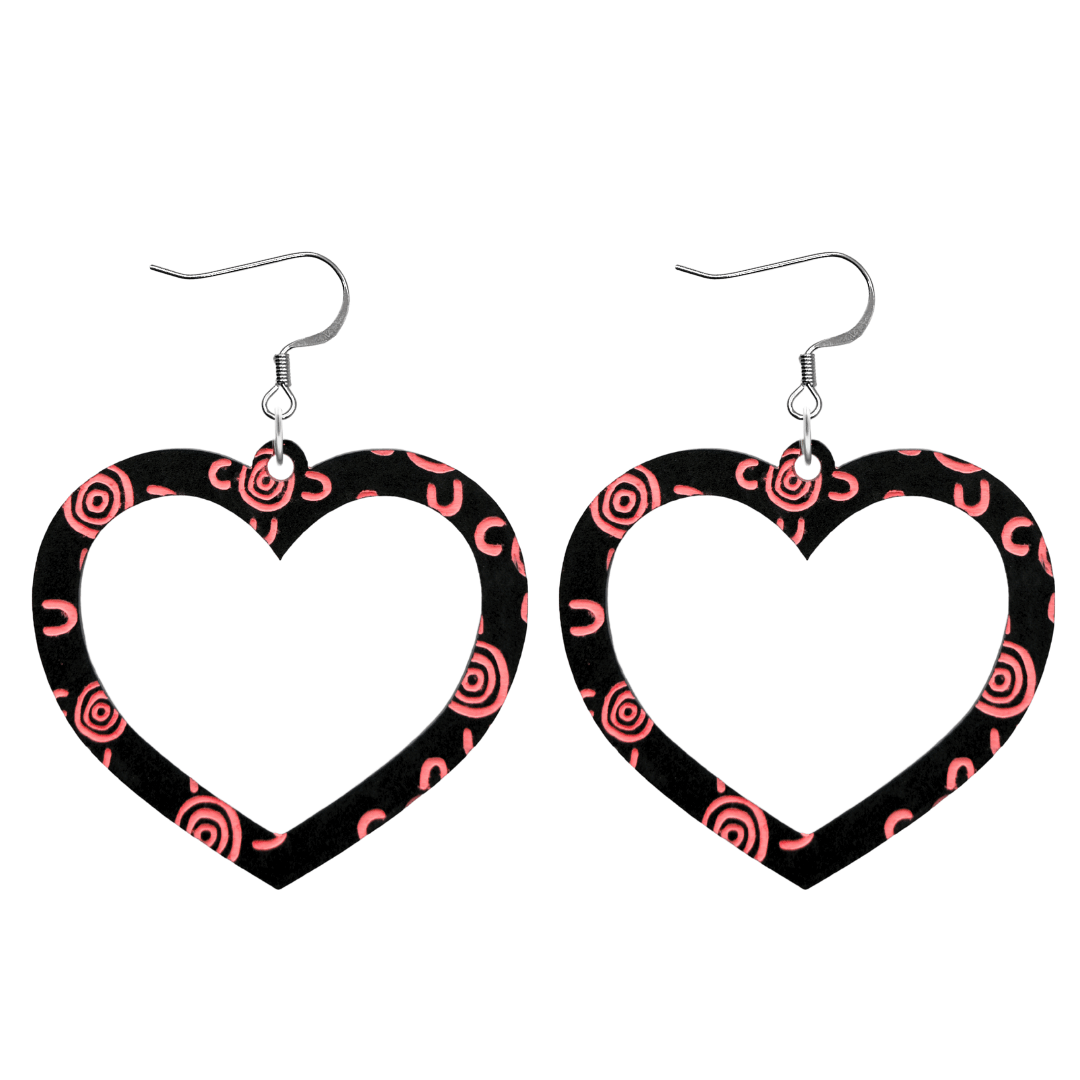 haus of dizzy black heart shaped dangle earrings with hand painted coral aboriginal artwork depicting people meeting at a specific site size large with hooks no heart tops
