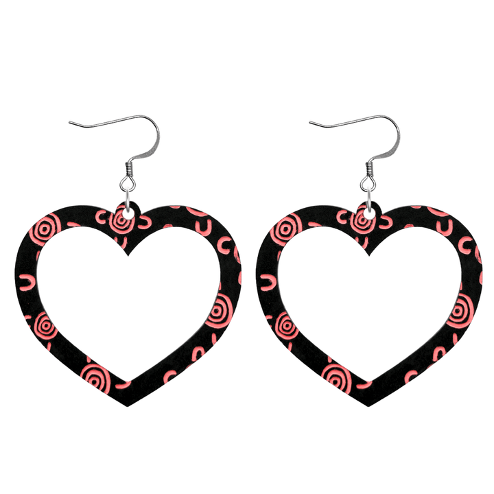 haus of dizzy black heart shaped dangle earrings with hand painted coral aboriginal artwork depicting people meeting at a specific site size large with hooks no heart tops
