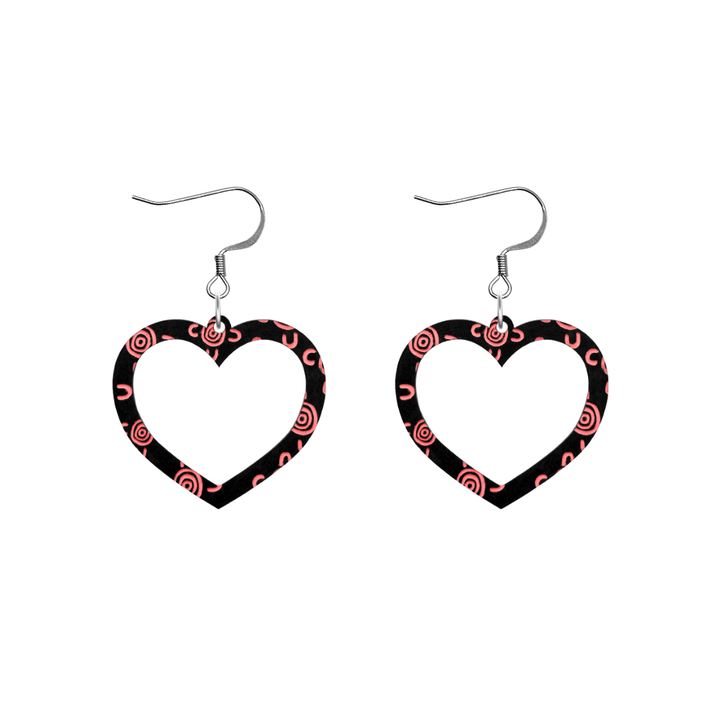 haus of dizzy black heart shaped dangle earrings with hand painted coral aboriginal artwork depicting people meeting at a specific site size small with hooks no heart tops