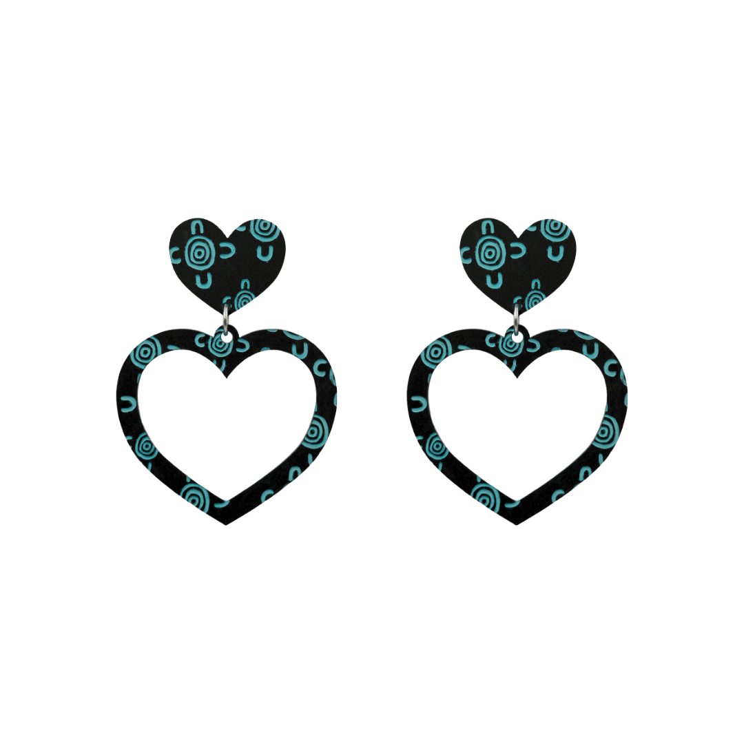 haus of dizzy black heart shaped dangle earrings with hand painted emerald green aboriginal artwork depicting people meeting at a specific site size small
