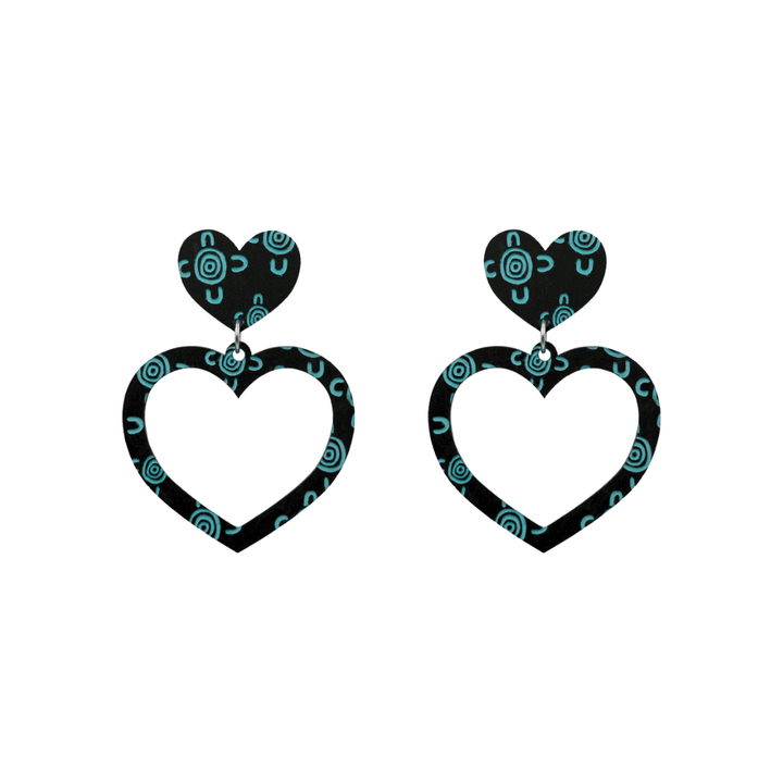 haus of dizzy black heart shaped dangle earrings with hand painted emerald green aboriginal artwork depicting people meeting at a specific site size small