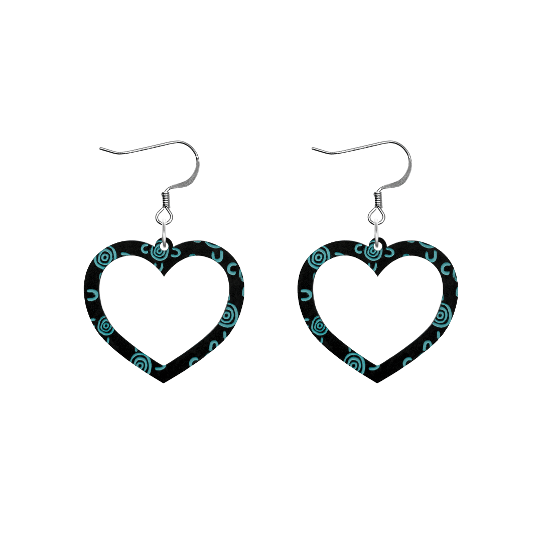 haus of dizzy black heart shaped dangle earrings with hand painted emerald green aboriginal artwork depicting people meeting at a specific site size small with hooks no heart tops