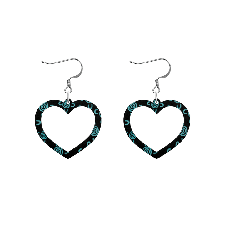 haus of dizzy black heart shaped dangle earrings with hand painted emerald green aboriginal artwork depicting people meeting at a specific site size small with hooks no heart tops