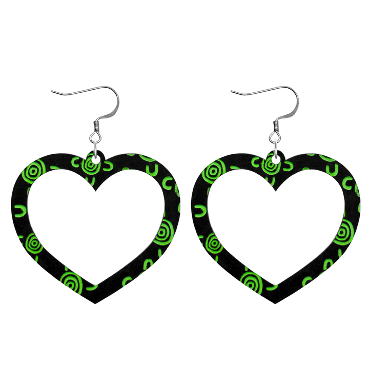haus of dizzy black heart shaped dangle earrings with hand painted apple green aboriginal artwork depicting people meeting at a specific site size large with hooks no heart tops