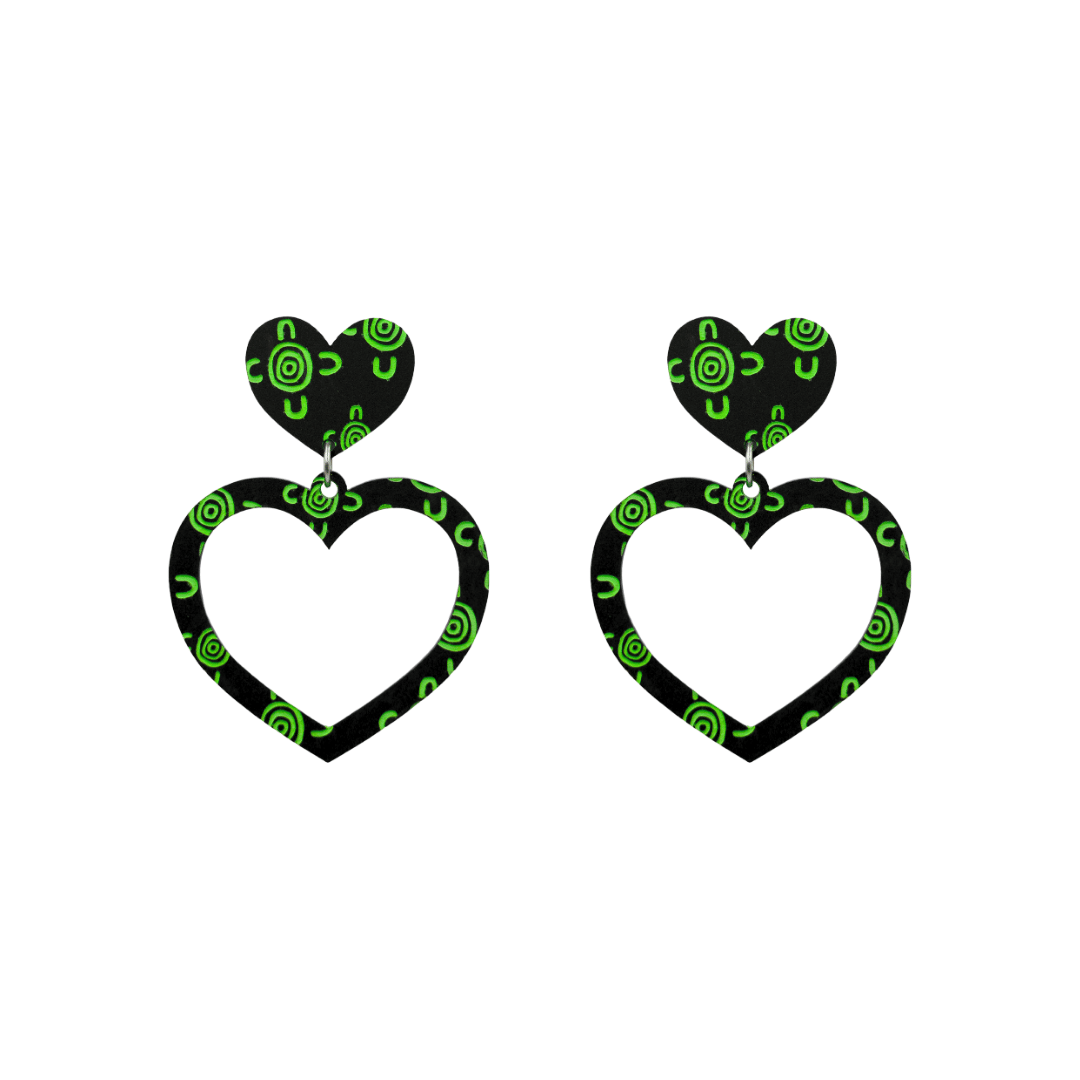 haus of dizzy black heart shaped dangle earrings with hand painted apple green aboriginal artwork depicting people meeting at a specific site size small