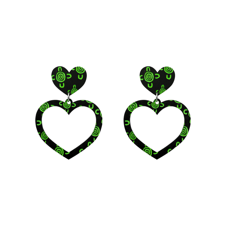 haus of dizzy black heart shaped dangle earrings with hand painted apple green aboriginal artwork depicting people meeting at a specific site size small