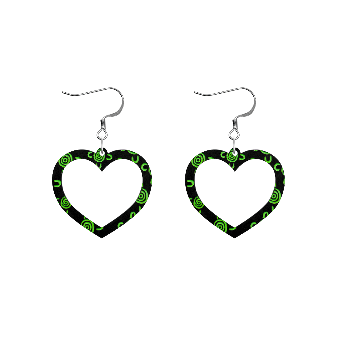 haus of dizzy black heart shaped dangle earrings with hand painted apple green aboriginal artwork depicting people meeting at a specific site size small with hooks no heart tops