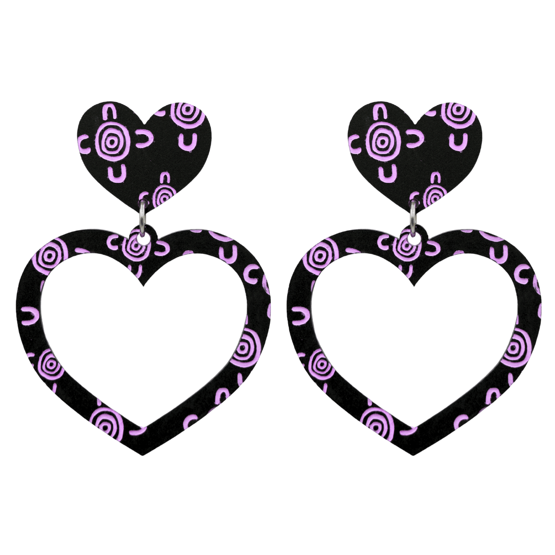haus of dizzy black heart shaped dangle earrings with hand painted lavender aboriginal artwork depicting people meeting at a specific site size large