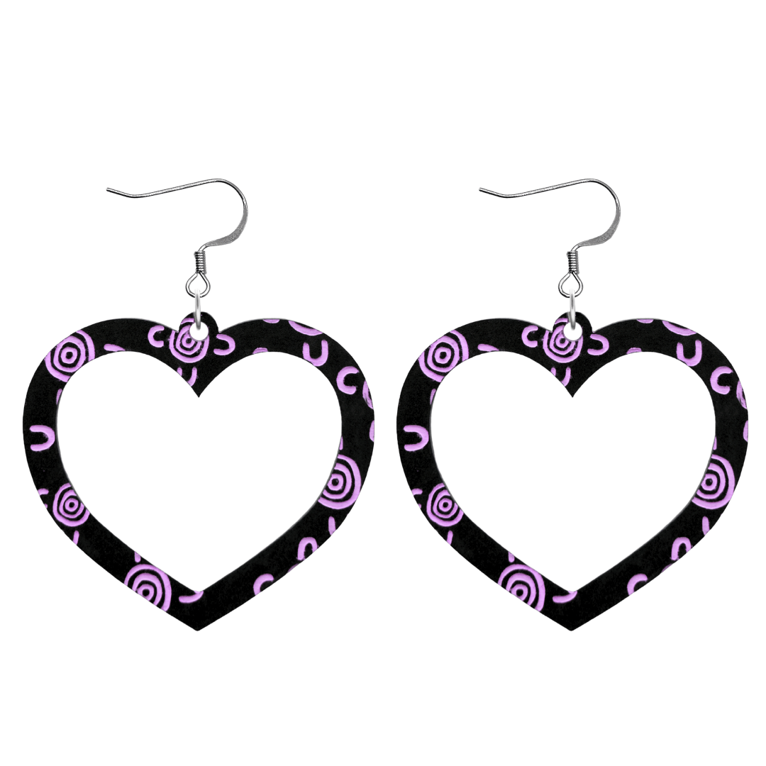haus of dizzy black heart shaped dangle earrings with hand painted lavender aboriginal artwork depicting people meeting at a specific site size large with hooks no heart tops
