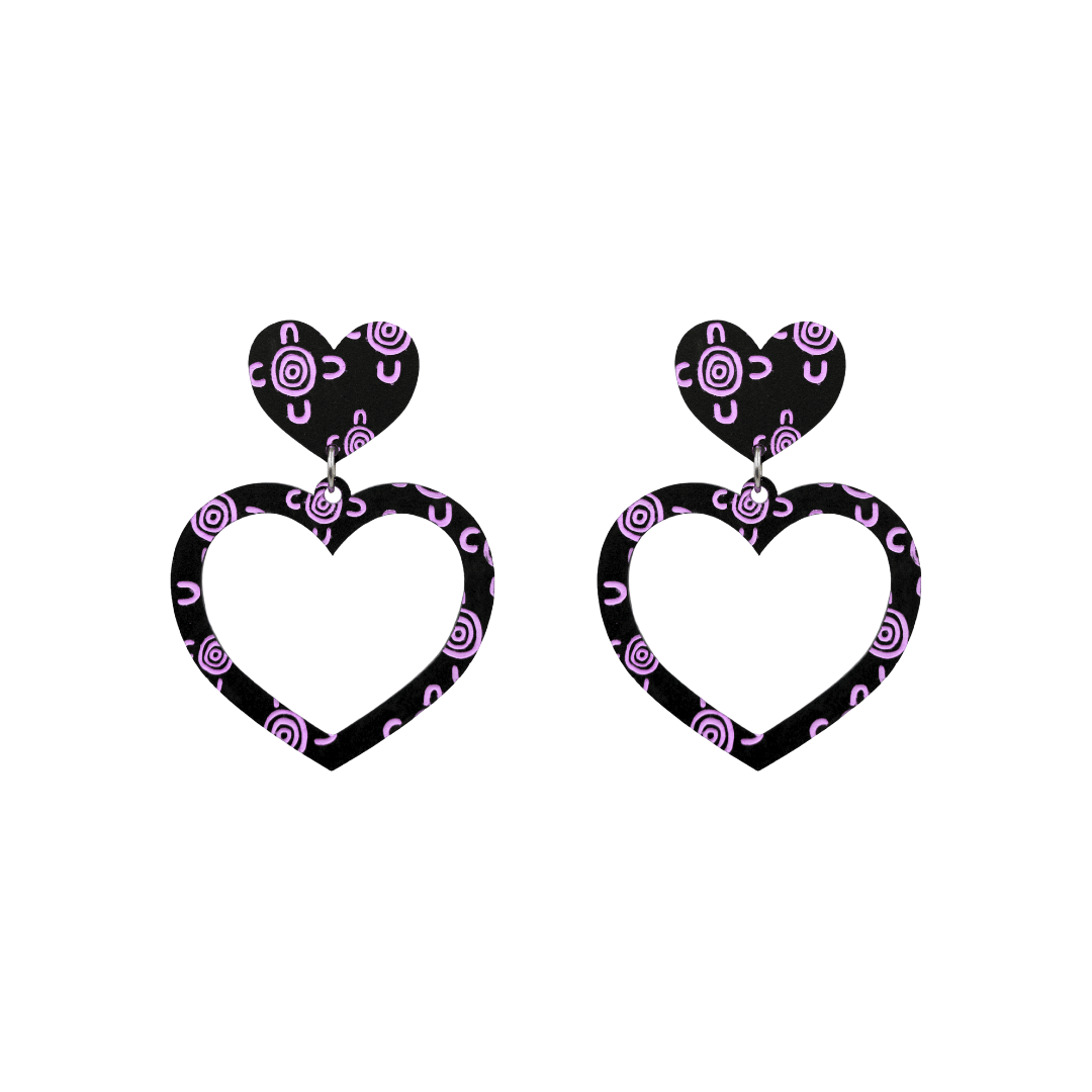 haus of dizzy black heart shaped dangle earrings with hand painted lavender aboriginal artwork depicting people meeting at a specific site size small