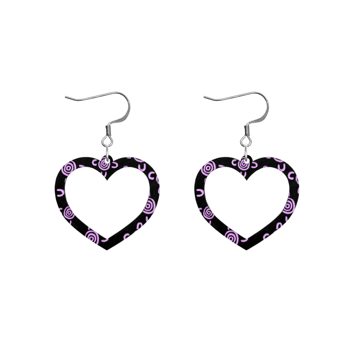 haus of dizzy black heart shaped dangle earrings with hand painted lavender aboriginal artwork depicting people meeting at a specific site size small with hooks no heart tops