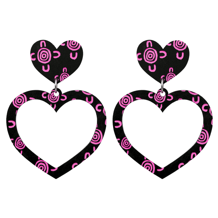 haus of dizzy black heart shaped dangle earrings with hand painted hot pink aboriginal artwork depicting people meeting at a specific site size large