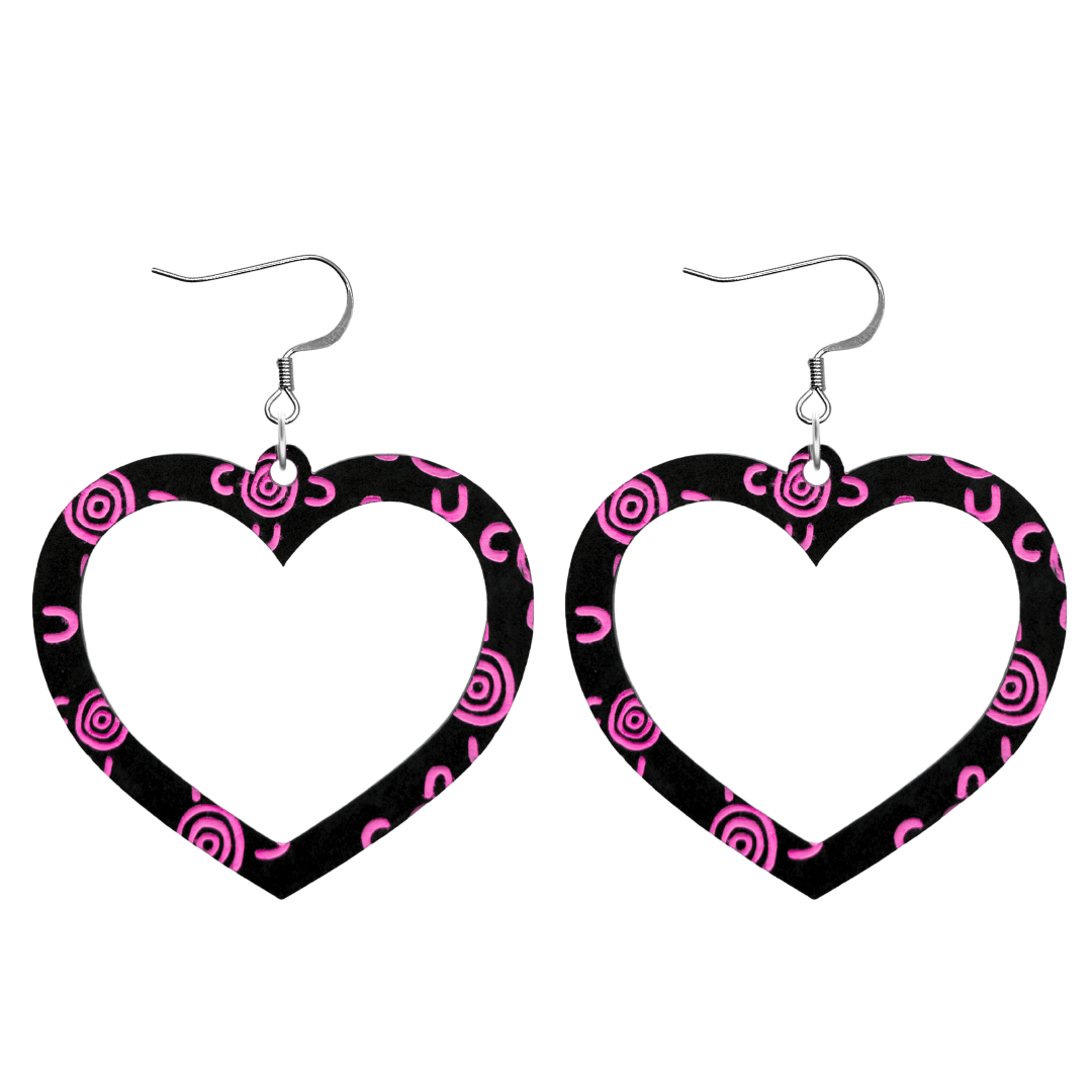 haus of dizzy black heart shaped dangle earrings with hand painted hot pink aboriginal artwork depicting people meeting at a specific site size large with hooks no heart tops