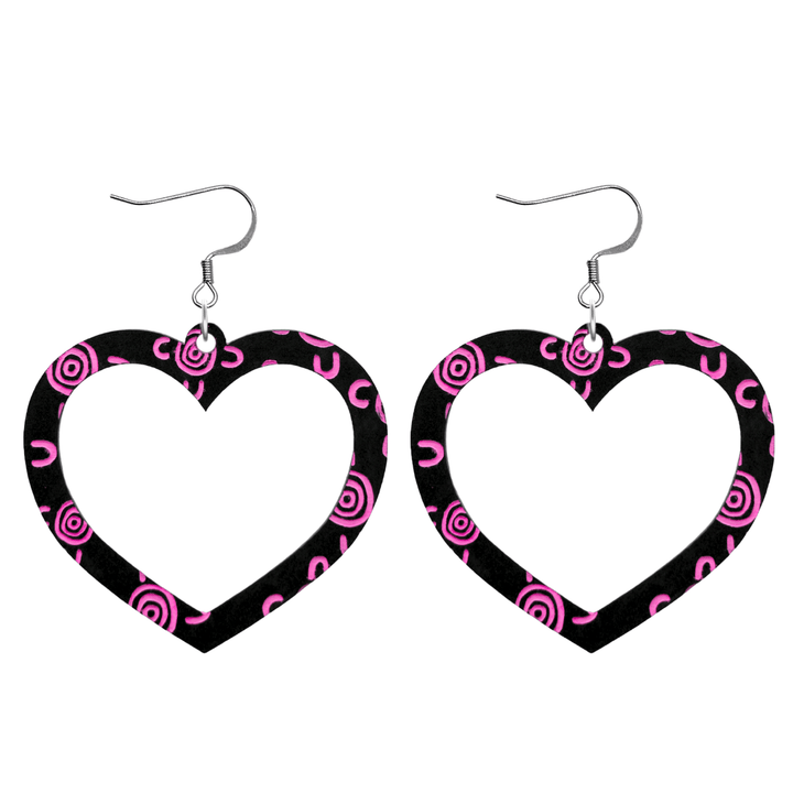 haus of dizzy black heart shaped dangle earrings with hand painted hot pink aboriginal artwork depicting people meeting at a specific site size large with hooks no heart tops