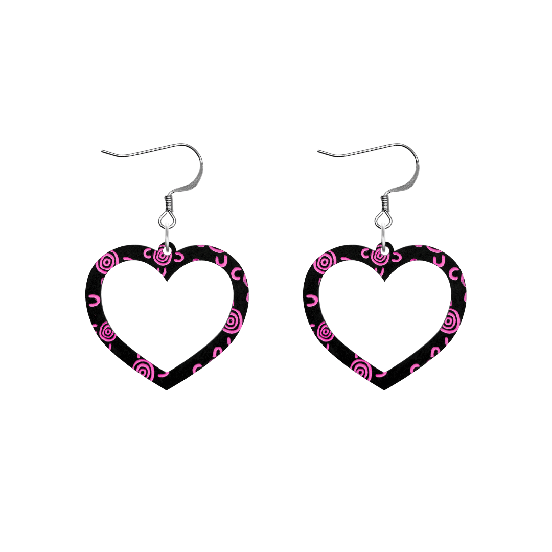 haus of dizzy black heart shaped dangle earrings with hand painted hot pink aboriginal artwork depicting people meeting at a specific site size small with hooks no heart tops