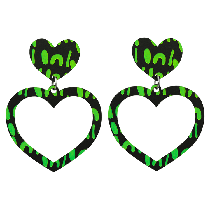 haus of dizzy black heart shaped dangle earrings with hand painted apple green aboriginal artwork depicting a woman with digging and coolamon sticks size large