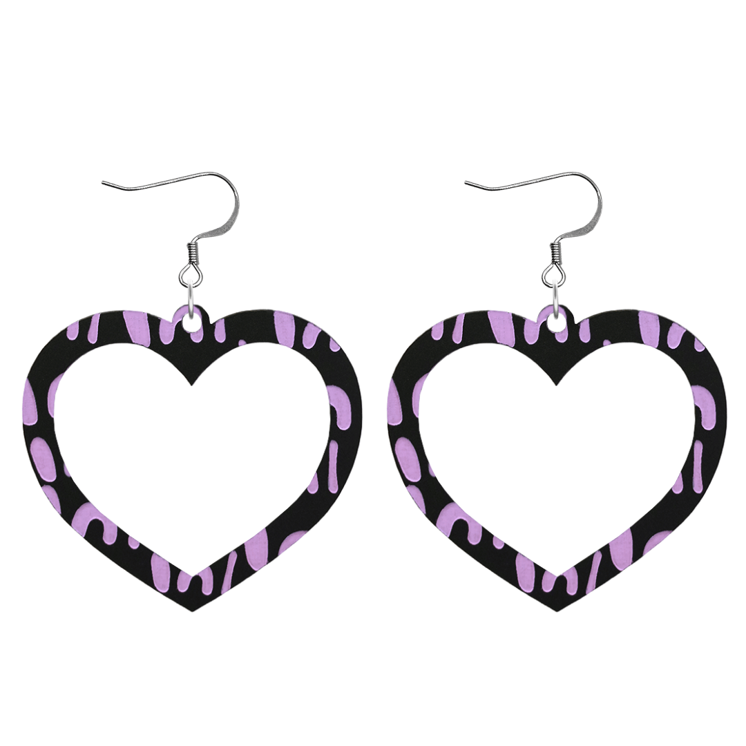 haus of dizzy black heart shaped dangle earrings with hand painted lavender aboriginal artwork depicting a woman with digging and coolamon sticks size large with hooks no heart tops