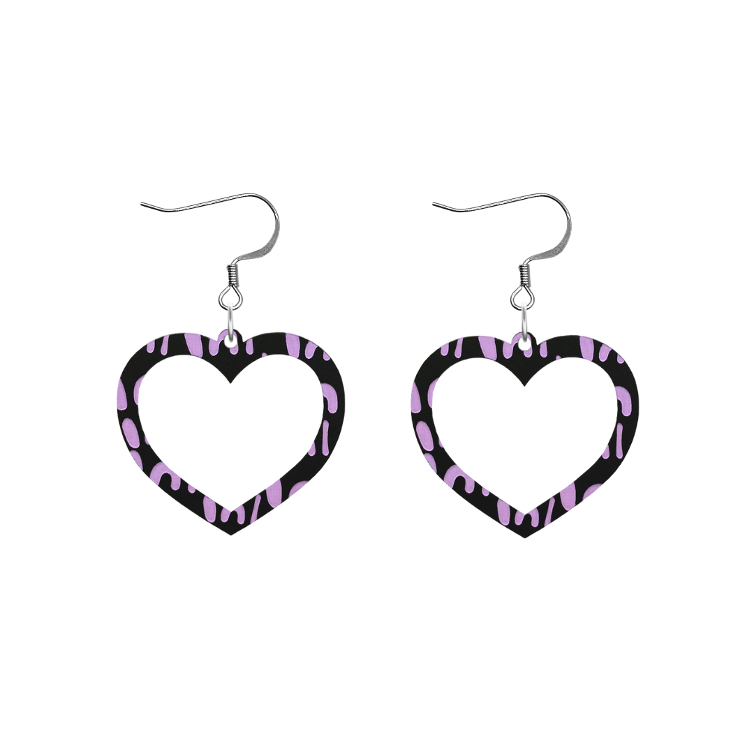 haus of dizzy black heart shaped dangle earrings with hand painted lavender aboriginal artwork depicting a woman with digging and coolamon sticks size small with hooks no heart tops