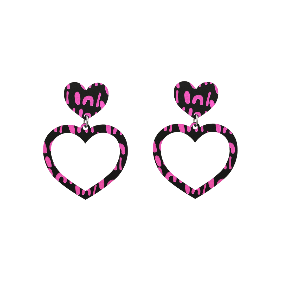 haus of dizzy black heart shaped dangle earrings with hand painted hot pink aboriginal artwork depicting a woman with digging and coolamon sticks size small