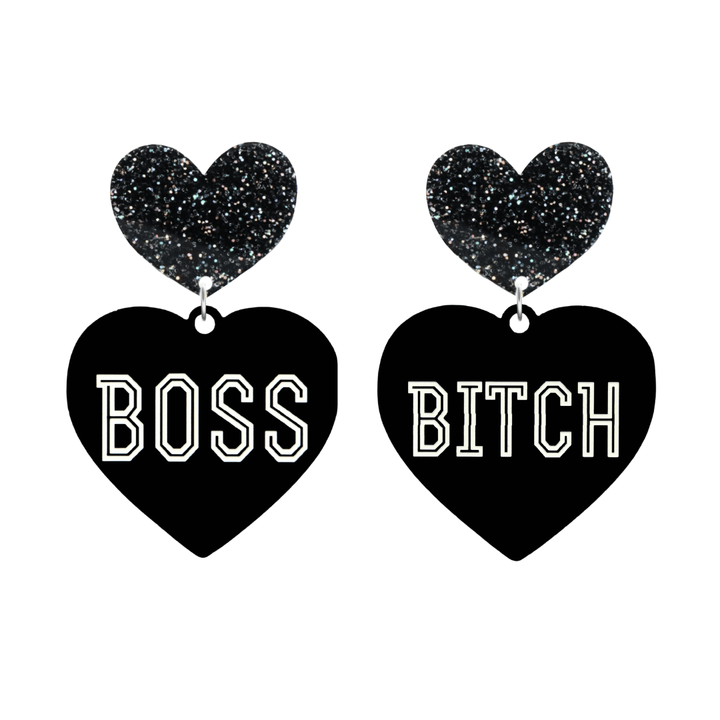 haus of dizzy black heart-shaped earrings with 'BOSS BITCH' text in white and black glittery hearts tops size large