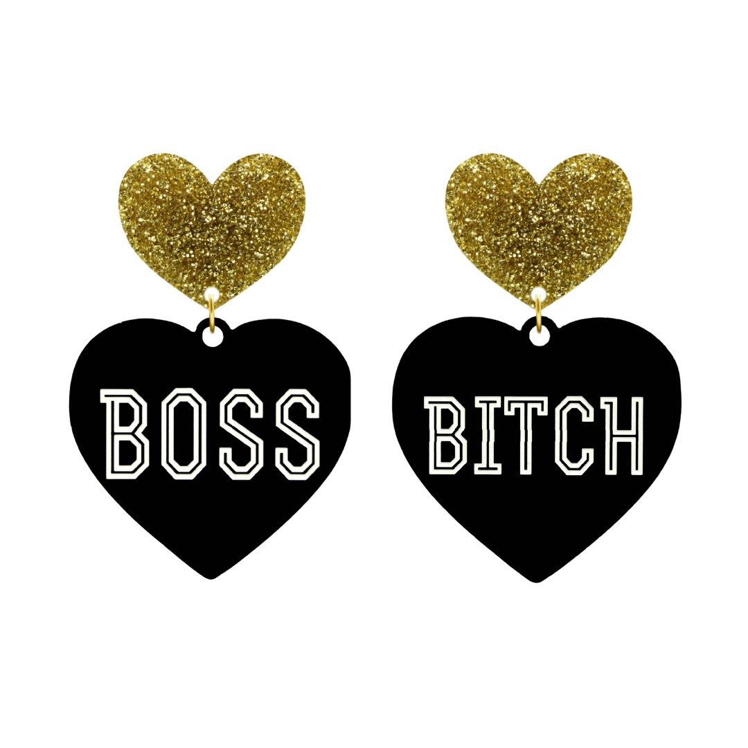 haus of dizzy black heart-shaped earrings with 'BOSS BITCH' text in white and gold glittery hearts tops size large