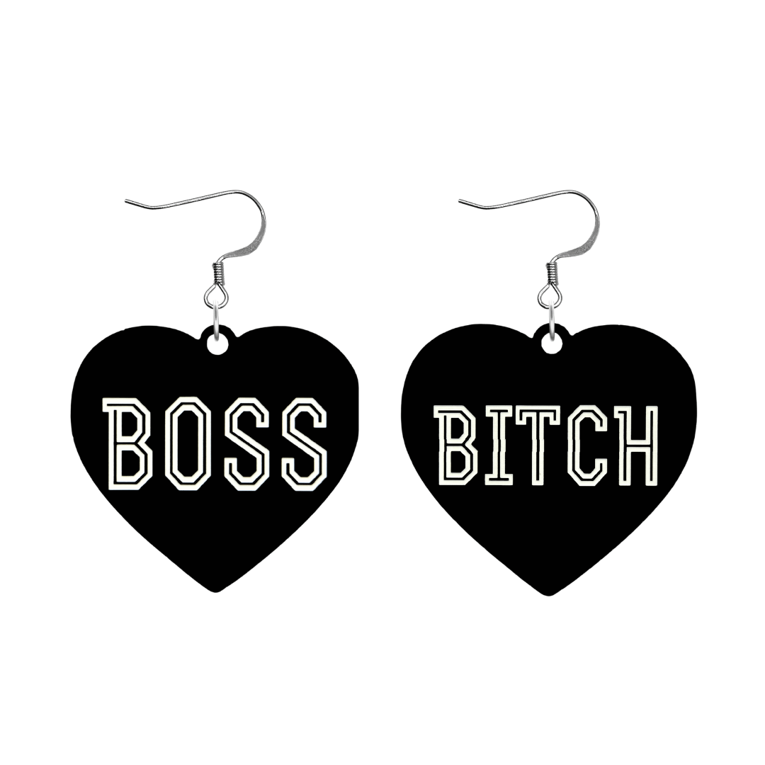haus of dizzy black heart-shaped earrings with 'BOSS BITCH' text in white with silver hooks no heart tops size large