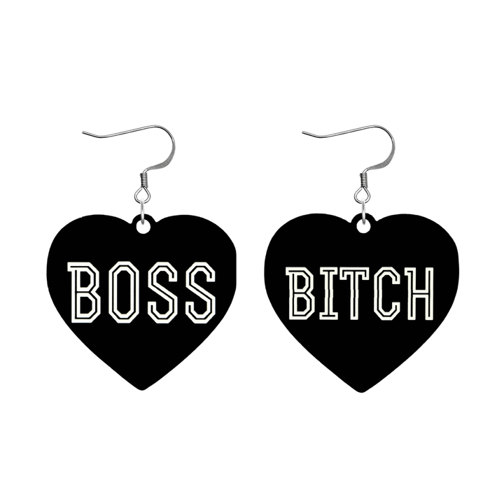 haus of dizzy black heart-shaped earrings with 'BOSS BITCH' text in white with silver hooks no heart tops size large