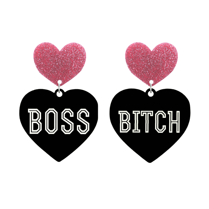 haus of dizzy black heart-shaped earrings with 'BOSS BITCH' text in white and pink glittery hearts tops size large