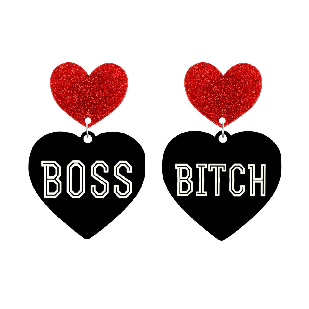 haus of dizzy black heart-shaped earrings with 'BOSS BITCH' text in white and red glittery hearts tops size large