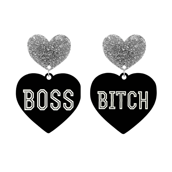 haus of dizzy black heart-shaped earrings with 'BOSS BITCH' text in white and silver glittery hearts tops size large