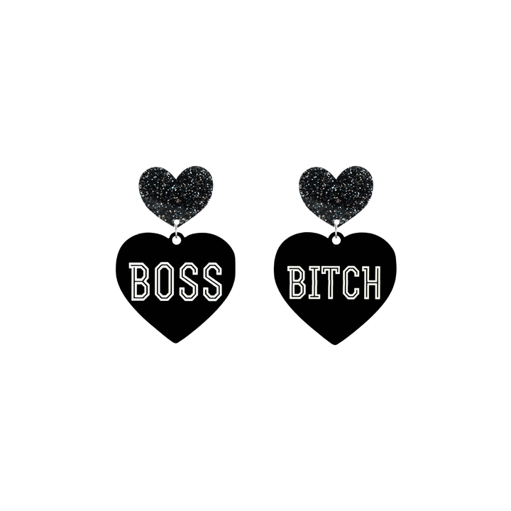 haus of dizzy black heart-shaped earrings with 'BOSS BITCH' text in white and black glittery hearts tops size small