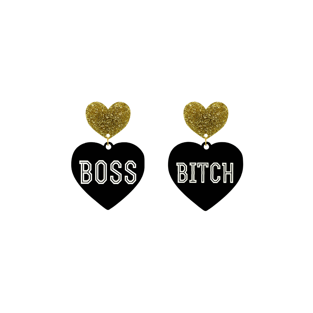 haus of dizzy black heart-shaped earrings with 'BOSS BITCH' text in white and gold glittery hearts tops size small