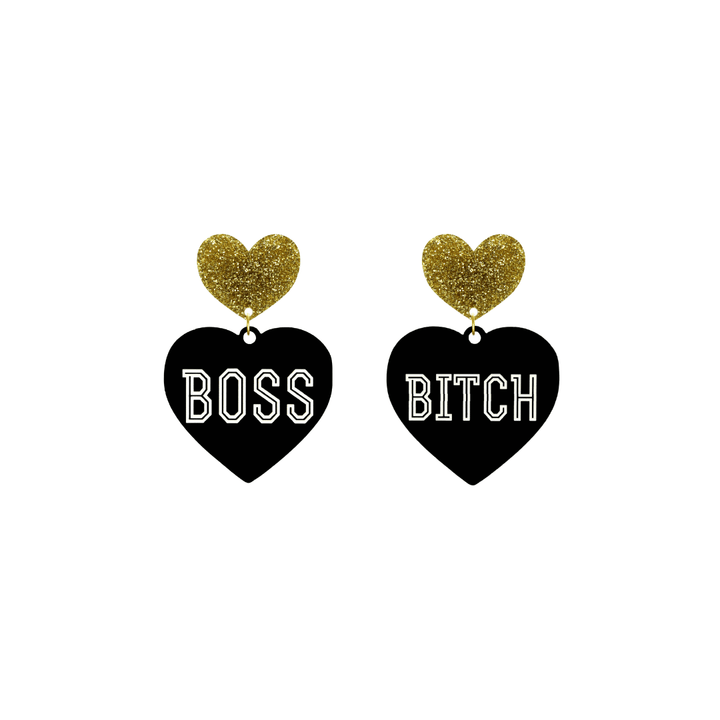 haus of dizzy black heart-shaped earrings with 'BOSS BITCH' text in white and gold glittery hearts tops size small