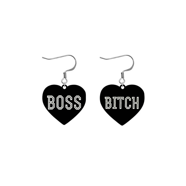 haus of dizzy black heart-shaped earrings with 'BOSS BITCH' text in white with silver hooks no heart tops size small