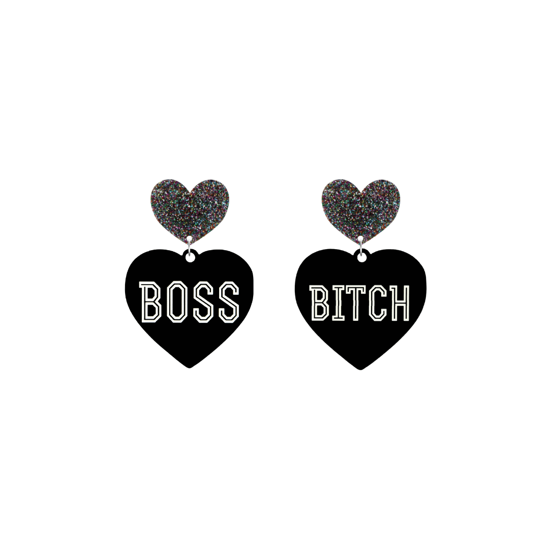 haus of dizzy black heart-shaped earrings with 'BOSS BITCH' text in white and multi coloured glittery hearts tops size small