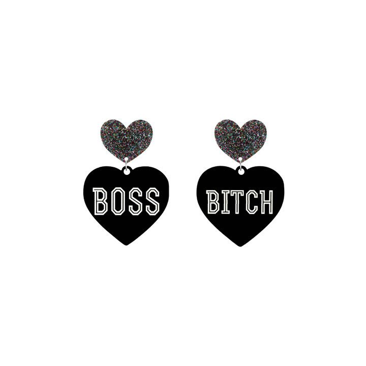 haus of dizzy black heart-shaped earrings with 'BOSS BITCH' text in white and multi coloured glittery hearts tops size small