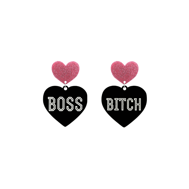 haus of dizzy black heart-shaped earrings with 'BOSS BITCH' text in white and pink glittery hearts tops size small