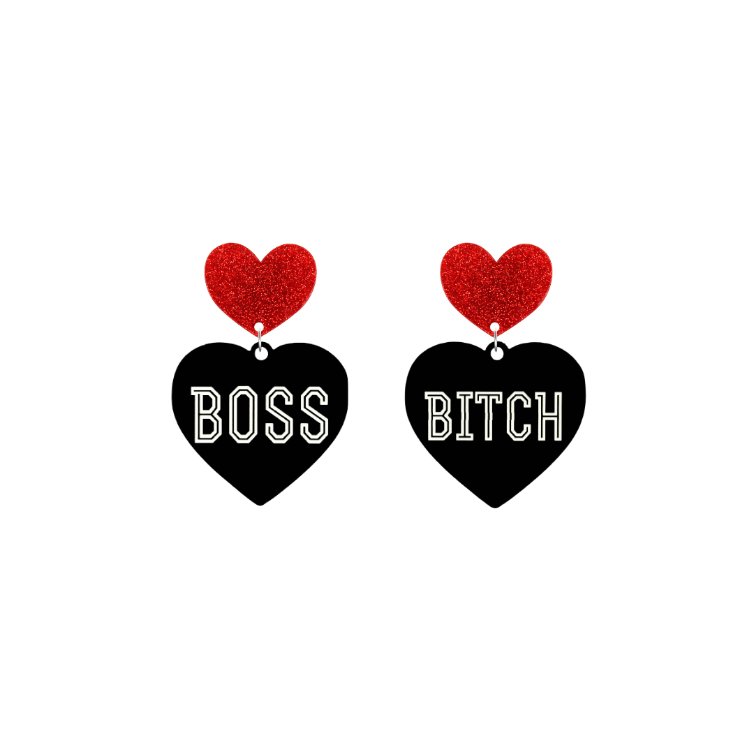 haus of dizzy black heart-shaped earrings with 'BOSS BITCH' text in white and red glittery hearts tops size small