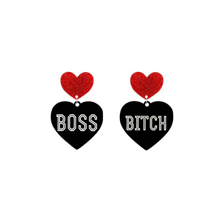 haus of dizzy black heart-shaped earrings with 'BOSS BITCH' text in white and red glittery hearts tops size small