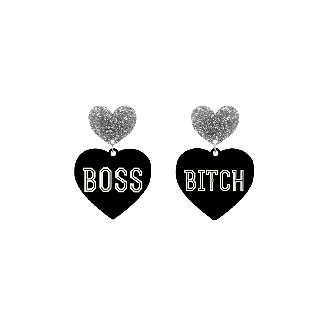 haus of dizzy black heart-shaped earrings with 'BOSS BITCH' text in white and silver glittery hearts tops size small