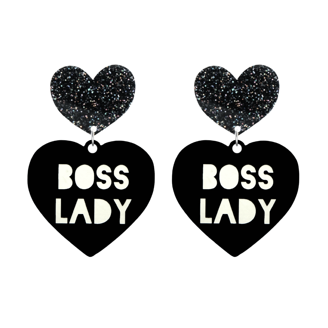haus of dizzy black Heart-shaped earrings with 'BOSS LADY' text in white and black glittery hearts tops size large