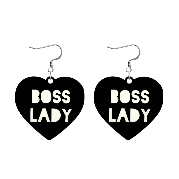 haus of dizzy black Heart-shaped earrings with 'BOSS LADY' text in white with silver hooks no heart top size large