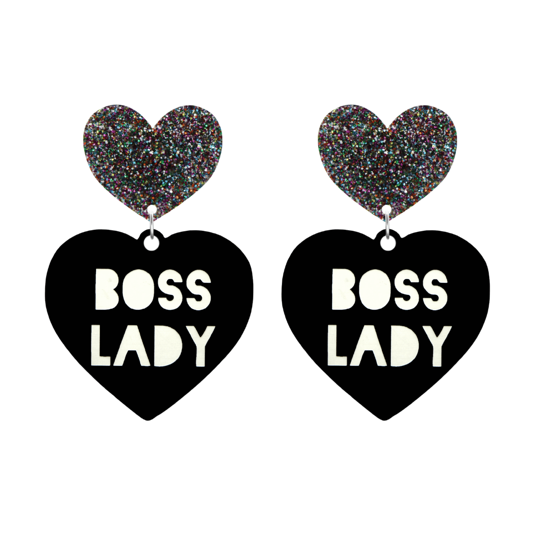 haus of dizzy black Heart-shaped earrings with 'BOSS LADY' text in white and multi coloured glittery hearts tops size large