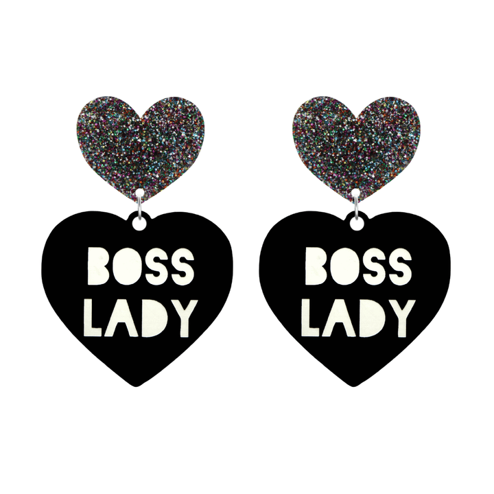 haus of dizzy black Heart-shaped earrings with 'BOSS LADY' text in white and multi coloured glittery hearts tops size large