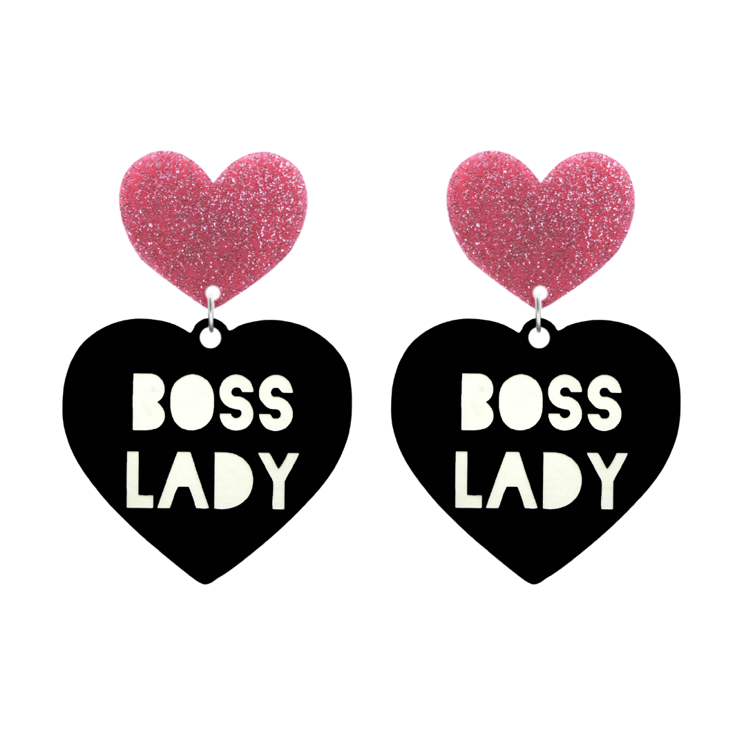 haus of dizzy black Heart-shaped earrings with 'BOSS LADY' text in white and pink glittery hearts tops size large