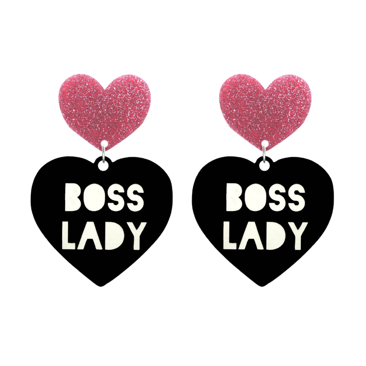haus of dizzy black Heart-shaped earrings with 'BOSS LADY' text in white and pink glittery hearts tops size large