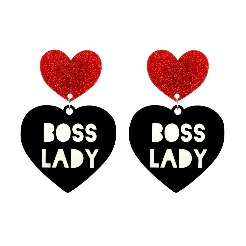 haus of dizzy black Heart-shaped earrings with 'BOSS LADY' text in white and red glittery hearts tops size large