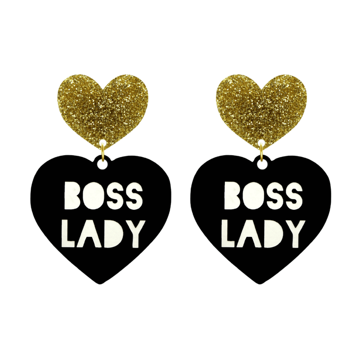 haus of dizzy black Heart-shaped earrings with 'BOSS LADY' text in white and gold glittery hearts tops size large