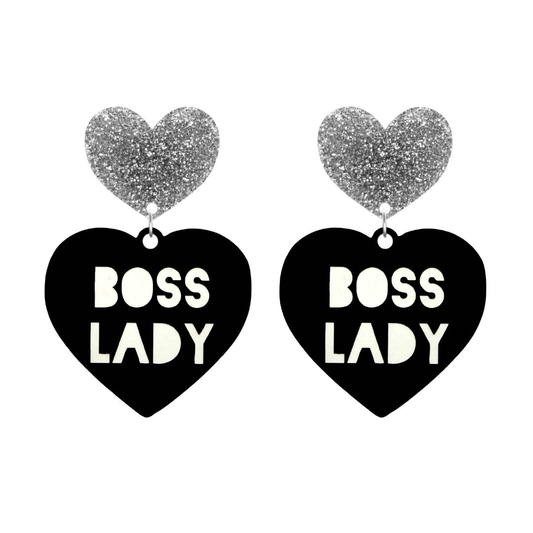 haus of dizzy black Heart-shaped earrings with 'BOSS LADY' text in white and silver glittery hearts tops size large